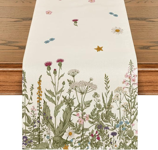 Artoid Mode Antique Herbs and Wild Flowers Summer Table Runner, Spring Fall Kitchen Dining Table Decoration for Home Party 13x108 Inch