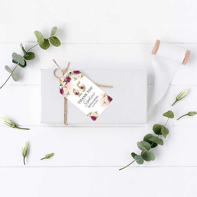 Andaz Press 40-Pack Personalized Quinceañera Favor Tags with String, Burgundy & Blush Florals Custom Classic Thank You Gift Tags for Mis Quince Años XV 15th Birthday Favor Gifts, Decorations