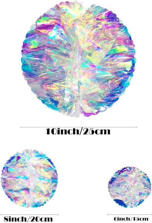 ZYOOO 3pcs Iridescent Honeycomb Balls,Shiny Rainbow Foil Ceiling Hanging Flowers for Wedding,Birthday,Theme Party Decoration(6" 8" 10")