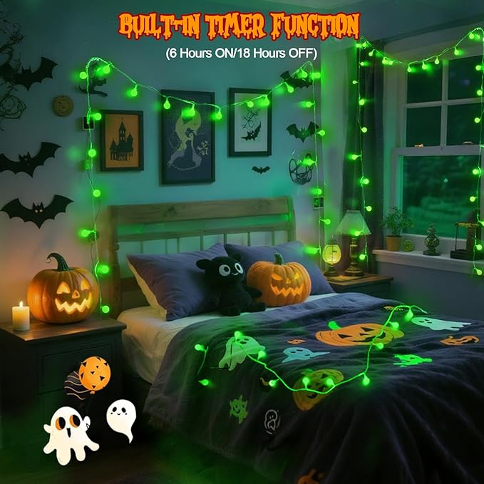 Connectable Green Halloween Lights Outdoor Indoor - 43FT 100LED Globe String Lights Plug in with Timer, 13 Modes Fairy Light Waterproof for Party Halloween Decorations Bedroom Decor