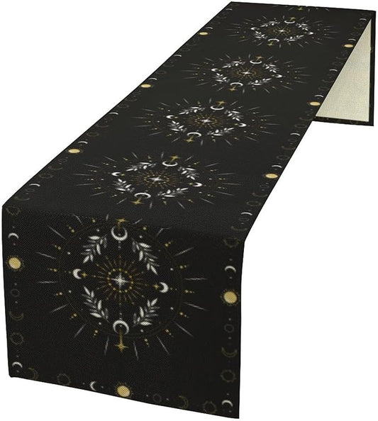 Sun Moon Table Runner, Magical Leaves Mysterious Western Traditional Elements Black White Table Runner for Party Living Room Home Kitchen Dinner Table Runner 13x120 Inch