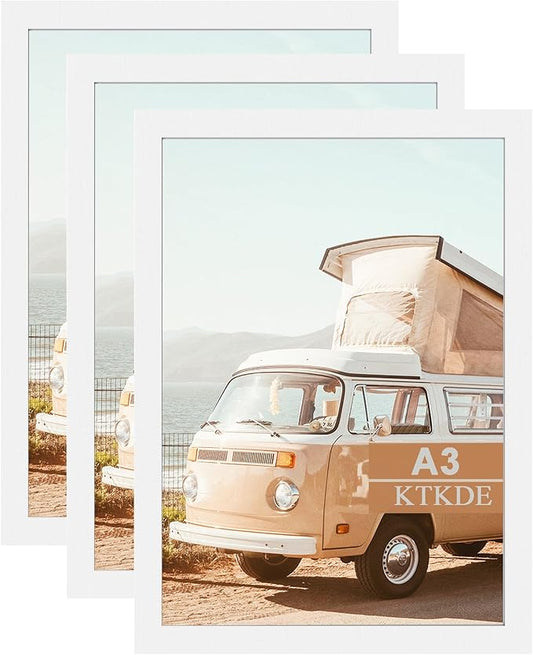 KTKDE A3 Poster Frame White Woodgrain Picture Frame-11.7x16.5in Set of 3- Photo Frame,Certificate Frame with Plexiglass for Wall Mount or Table Top Display