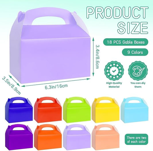 Rcybeo 18 PCS Gable Treat Boxes for Party, 9 Colors Candy Boxes for Kids Birthday, Snack Goodie Treat Bags for Wedding Favors, Baby Shower, 6.3 x 3.5 x 3.5 In