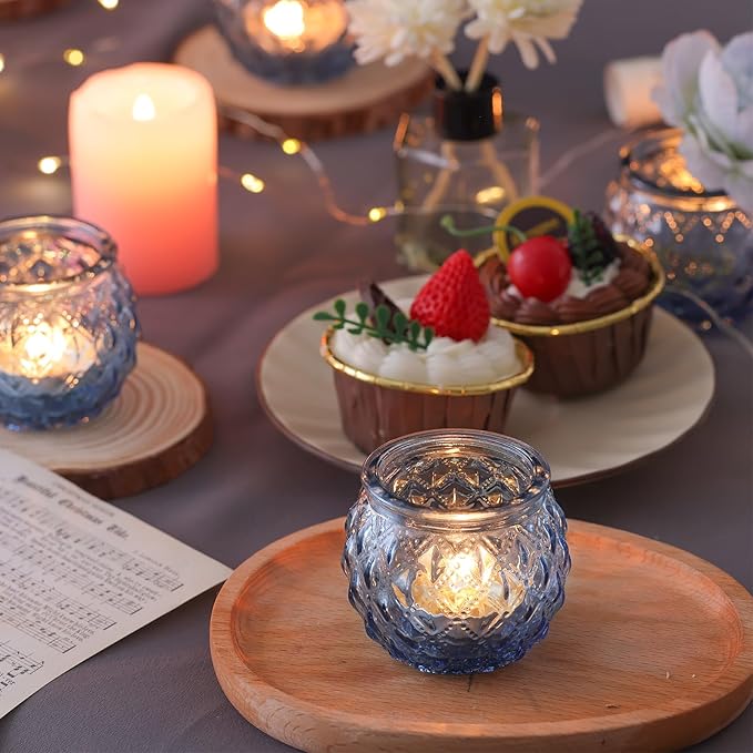 DARJEN 12Pcs Blue Votive Candle Holders - Round Glass Candle Holders Bulk for Tea Light Candle, Diamond Texture Candle Votives for Wedding Centerpiece, Party & Home Decor