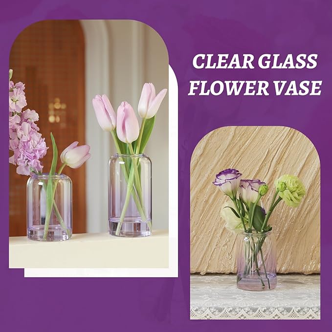 12Pcs Purple Vase Glass Bud Vases Set, Small Vases for Flowers, Modern Cylinder Flower Vases for Wedding Centerpiece, Living Room Decorative, Home Decor (Purple)