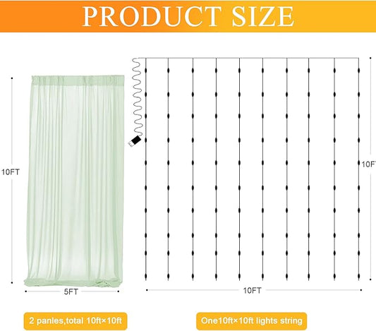 Fomcet Sage Green Tulle Backdrop Curtains with Lights String 10FT X 10FT Sheer Curtain with Lights Tulle Curtains Backdrop for Wedding Birthday Party Photo Shoot (2 Panels 5x10FT)