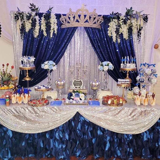 Poise3EHome 2ft x 8ft Blue Sequin Photography Backdrop Curtains 2 Panels for Party Decoration, Navy Blue