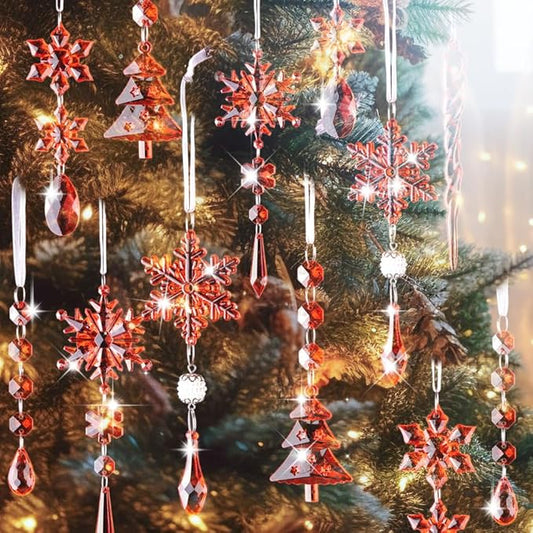 Lanpn 26pcs Christmas Ornaments Crystal Christmas Tree Decoration, Hanging Clear Acrylic Snowflake Icicle Drop Pendants for Xmas Winter Outdoor Indoor Party Decoration Red