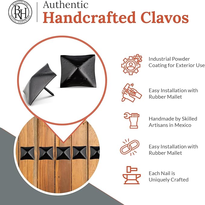25 Pack 2" Square Head Iron Clavos Decorative Nails – Black – Handmade Rustic Square Fasteners for Farmhouse Shutters, Faux Wood Beams, Barn Doors, Shutters, and Gates – Ornamental Wood Accent