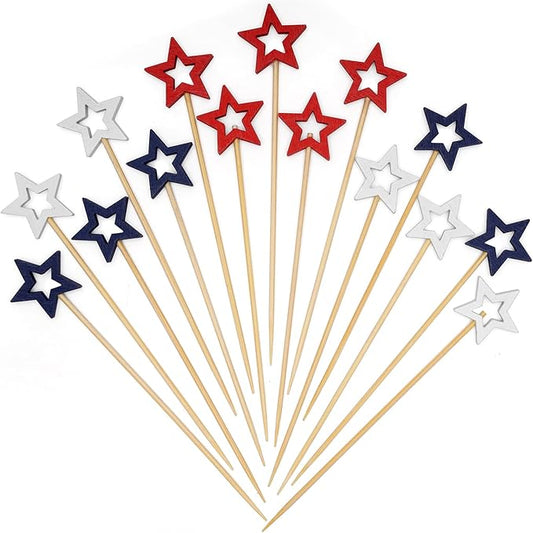 Minisland Mixed Red Blue White Star Cocktail Picks, 5.5 Inch Long Bamboo Fancy Toothpicks for Appetizers, Decorative Independence Day Party Food Drinks Garnish Fruit Skewer Sticks 50 Counts - MSL435