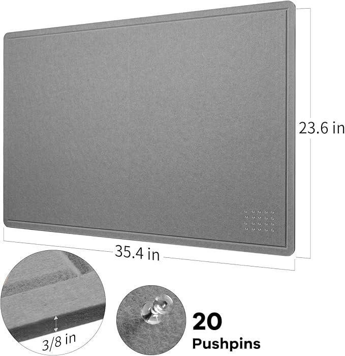 Bulletin Board, 36 x 24 Inches Felt Pin Board - Decorative Cork Alternative for Wall, 3' x 2' Foldable Picture Self-Adhesive Vision Prayer Board With 20 Pushpins - Gray