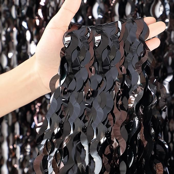 3 Pack New Years Decorations Wavy Black Tinsel Foil Fringe Curtains Party Backdrop 3.3 x 6.6 ft Streamer Backdrop Tinsel Curtains for Birthday, Graduation, Fiesta, Halloween Party Decor