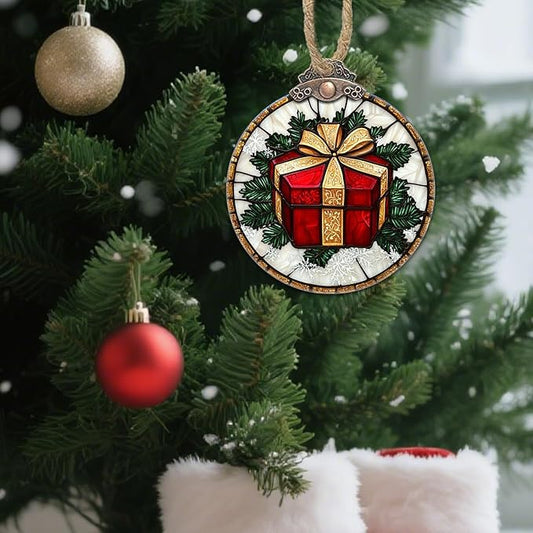 Stained Glass Christmas Decorations, Red Gift Gold Ribbon Suncatcher for Window Christmas Tree Hanging Ornaments Retro White Sun Catcher Xmas Decor Gifts for Women Men Mom Nana Friend