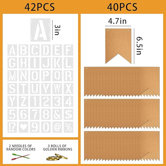 40 PCS DIY Custom Banner Set with Letter Stencils Ribbon, Customizable Party Sign Kit Blank Banner for Events Decoration Brown