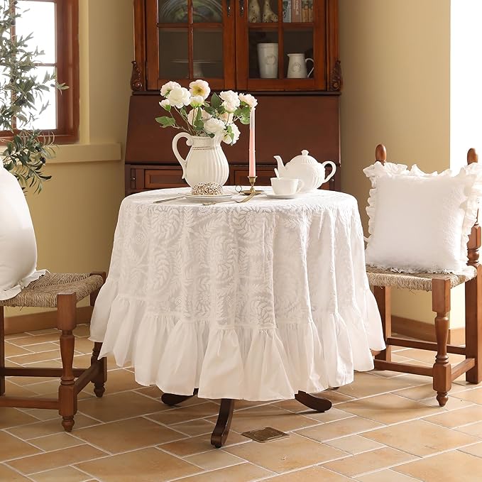 patdrea Vintage Ruffle Tablecloth for Round Tables,Farmhouse Embroidered Cotton White Lace Table Cloth Cover Decor for Dining Room Wedding Banquet Thanksgiving Christmas,Dimaeter 51"