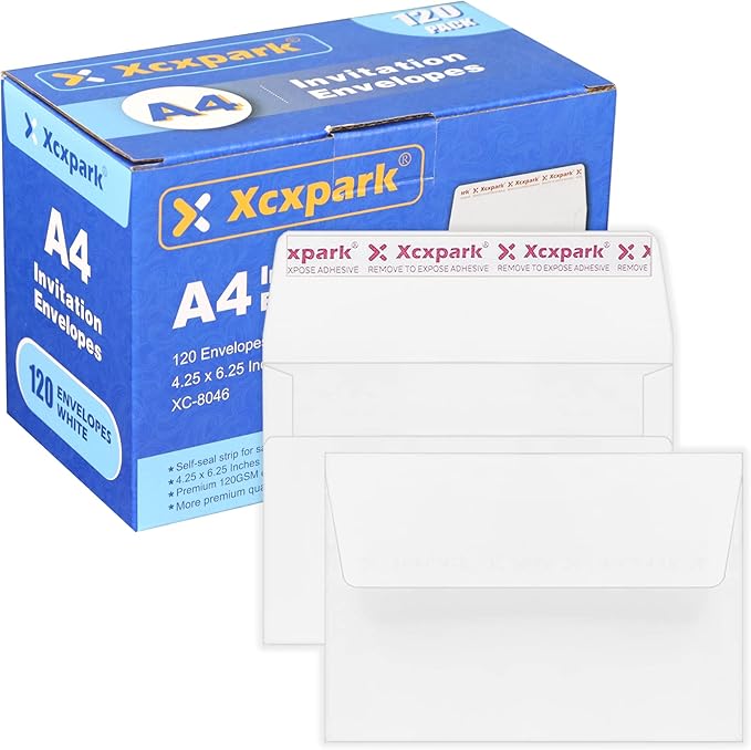 120 Qty Printable A4 Invitation Envelopes 4.25 x 6.25 Cards, Self Seal 120GSM white Paper Envelopes for Invitations, Papers, Photos, Documents, Wedding, Baby Shower, Easy to Seal and Peel