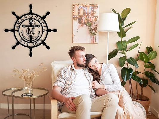 Personalized Ship Wheel Metal Sign, Customized Nautical Wall Decor, Anchor Compass Metal Sign, Family Name Sign, Monogram Wall Decor, Last Name Signs for Home, Housewarming Gift