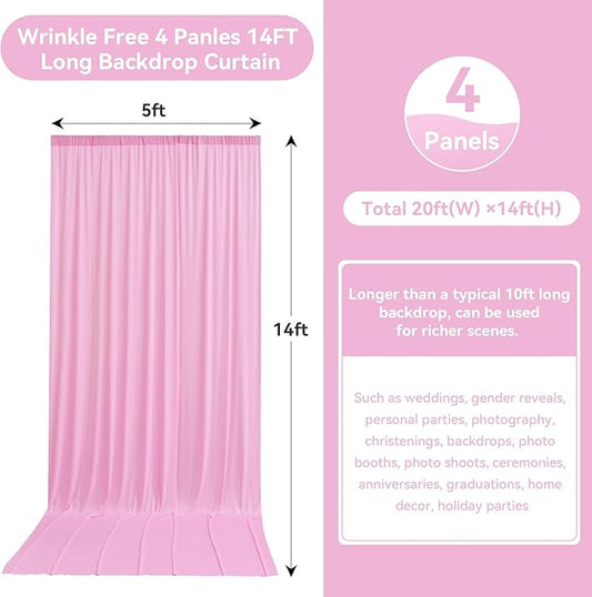 20ftx14FT Wrinkle Free Pink Backdrop Curtain, 4 Panels 14FT Height Pink Wedding Backdrop Drapes, Silky Polyester Back Drop Cloth for Birthday Photography Background Party Backdrop Draping