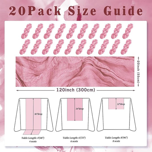20 Pack Dusty Rose 10FT Cheesecloth Table Runner 20 x 120 Inch Long Rustic Gauze Fabric Cheese Cloth Table Runner for Wedding Bridal Baby Shower Table Decorations Boho Sheer Birthday Party Table Decor