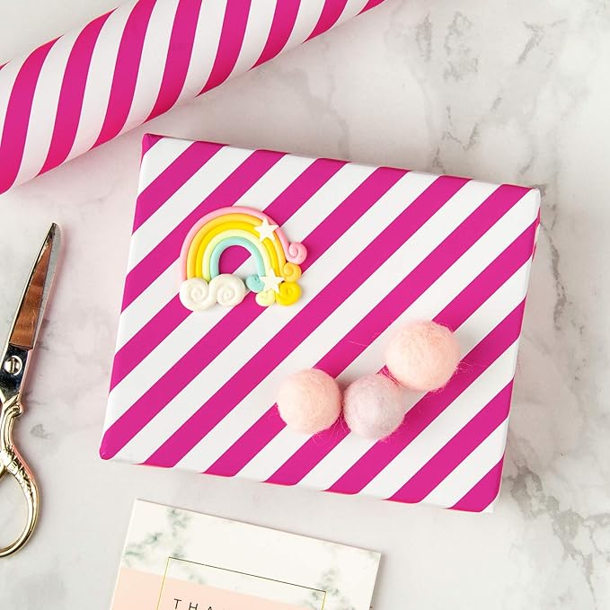 WRAPAHOLIC Reversible Wrapping Paper - Mini Roll - 17 Inch x 33 Feet - Hot Pink and Stripes Design for Birthday, Holiday, Wedding, Baby Shower