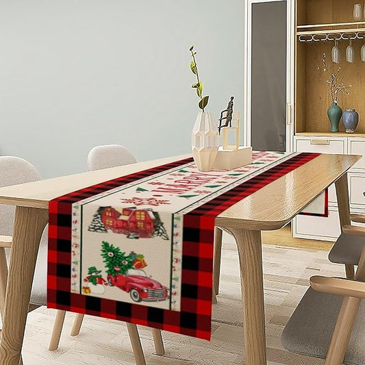 Merry Christmas Table Runner,Winter Xmas Holiday Table Cloth Kitchen Dining Table Decoration for Home Party Decor 13x120 Inch