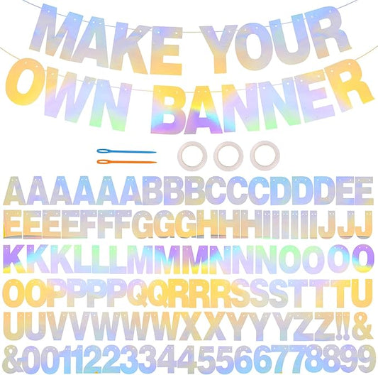 BEISHIDA 116 PCS A-Z Glitter Laser Silver DIY Letter Banner Kit Make Your Own Banner，Including 111 Letters and Numbers 3 Rope and 2 Threading Device,Customized for Birthday Graduation Wedding Party Decor