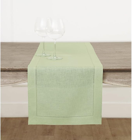 Solino Home Linen Sage Green Table Runner 90 Inches Long - 100% Pure Linen Hemstitch 14 x 90 Inch Table Runner for Dining, Fall, Autumn, Thanksgiving, Christmas - Classic Hemstitch
