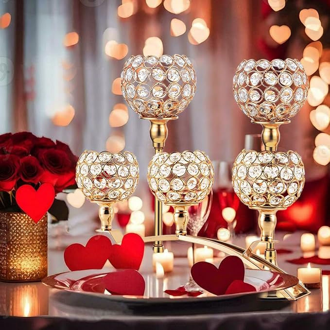 VINCIGANT Set of 3 Gold Candle Holders Wedding Table Centerpieces,Tealight Candlestick Candelabra Stand with 3 Arms for Fireplace Home Living Room Decor,Valentine's Day Housewarming