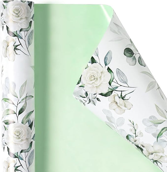 RUSPEPA Reversible Floral Wrapping Paper for Women Girls, Mini Roll, Elegant Flower Greenery and Sage Green Gift Wrap Paper for Wedding, Birthday, Bridal Shower, Mother's Day, 17 Inches x 16.4 Feet