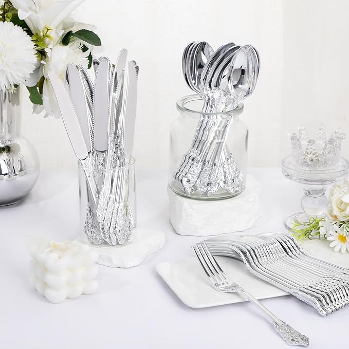 WDF 120PCS Silver Plastic Silverware - Heavy Duty Silver Plastic Cutlery Set - 40 Forks, 40 Spoons, 40 Knives, Perfect for Christmas Parties/Weeding