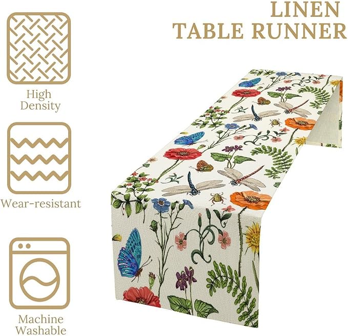 Vintage Botanical Flowers Table Runner, Seasonal Summer Plants Florals Butterfly Dinner Runner for Home Kitchen Dining Table Party Holiday Decoration 13"x108"