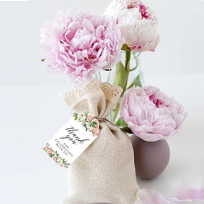 Andaz Press 100-Pack Thank You for Celebrating with Us Favor Tags Peach Coral Floral Garden Cardstock Gift Tags with Bakers Twine for Wedding Baby Shower Bridal Shower Party Favors 2 x 3.75-Inches