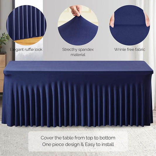 Wish Care 2 Pack Navy Blue Spandex Table Clothes for 8 Foot Rectangle Tables, 8FT Wrinkle Free Fitted Tablecloths Ruffles Design Table Cover for Party, Banquet, Wedding and Events