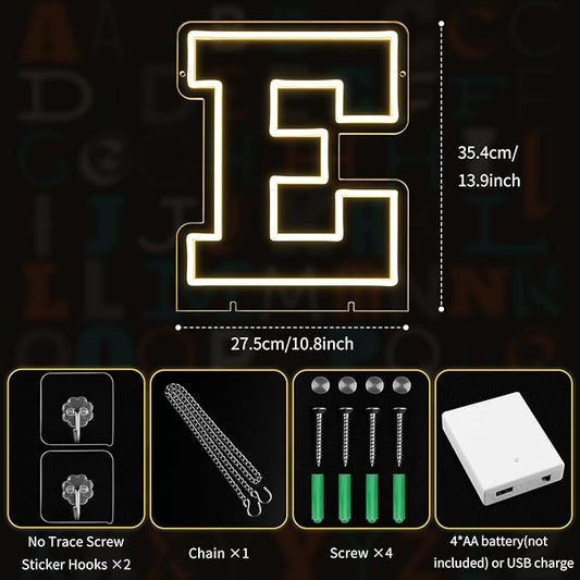 Light Up Letters E, Led Marquee Letter Lights Neon Sign, 13.9" Height Decorative Lighted Alphabet Number, Battery/USB Powered Led Letters Lights for Wedding, Birthday, Party, Christmas or Home Decor
