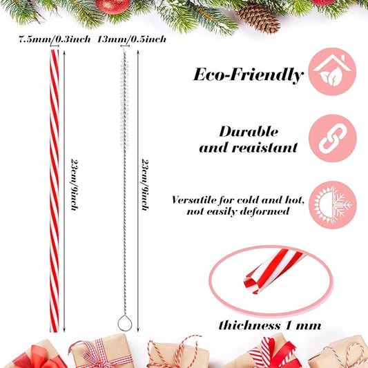 Vesici 9 Inch Plastic Striped Straws Reusable with Cleaning Brush Red Striped Hard Drinking Straws for Christmas Party Decoration Supplies(Red and White,50 Pcs)