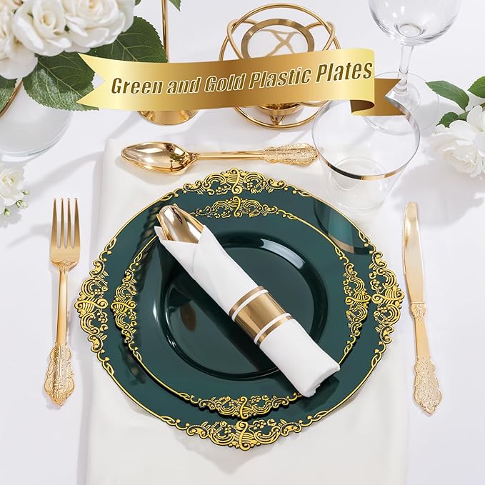 Nervure 350PCS Green Plastic Plates - Green Gold Plastic Dinnerware Sets for 50 Guests - 100 Disposable Plates, 150 Gold Silverware, 50 Cups, 50 Napkins for Wedding & Party & Christmas