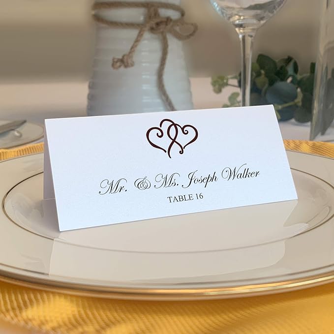 Linked Hearts Place Cards, Chocolate (Choose Color), Set of 150, Pre-cut and Scored - Wedding, Party, Dinner, and Special Events - Made in the USA
