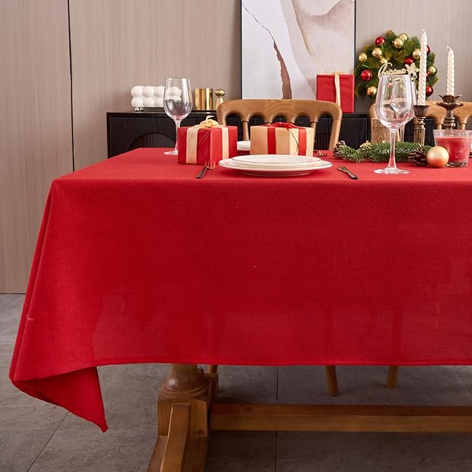 NLMUVW Red Linen Tablecloth Rectangle, Christmas Table Cloth Water Resistant Textured Table Cover for Kitchen Dining Coffee Party, 54 x 84 Inch