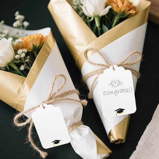 100Pcs Blank Gift Tags with String Foil Black Gold Grad Cap Large Paper Gift Tags with 65 Ft Jute Twine for Congratulations Graduation Congrats Grad Class of 2025 Party