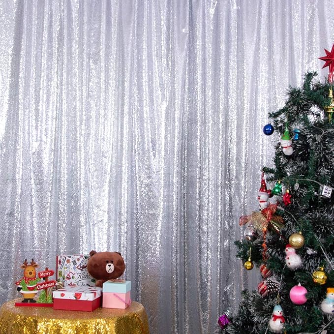 SquarePie Sequin Backdrop Not See Through Thick Background Glitter Curtain Party 7FT x 7FT Silver