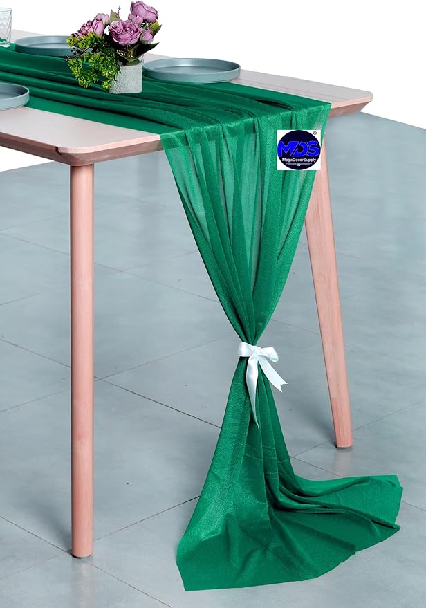 MDS 15 Pack 10ft Chiffon Table Runner 29 x 120 Inches Sheer Wedding Runner Romantic Rustic Table Runner for Wedding Decorations, Birthday Parties, Bridal Shower Party Arch Decor - Emerald Green