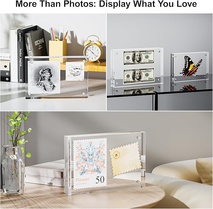 2 Pack 4x6 Acrylic Picture Frames - 20% Thicker Double Sided Magnetic Frame with UV Protection - Freestanding Clear Frameless Display for Tabletops - Modern Photo Frame Set for Home & Office Decor