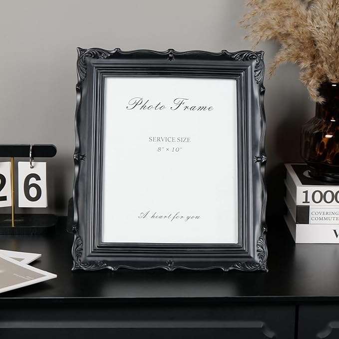 Cuspin 8x10 Picture Frame Black, Vintage Handmade Resin Frame with Carved Texture & Glass Front, Antique Retro Design for Tabletop Display or Wall Hanging, Black Photo Frames Home Decor