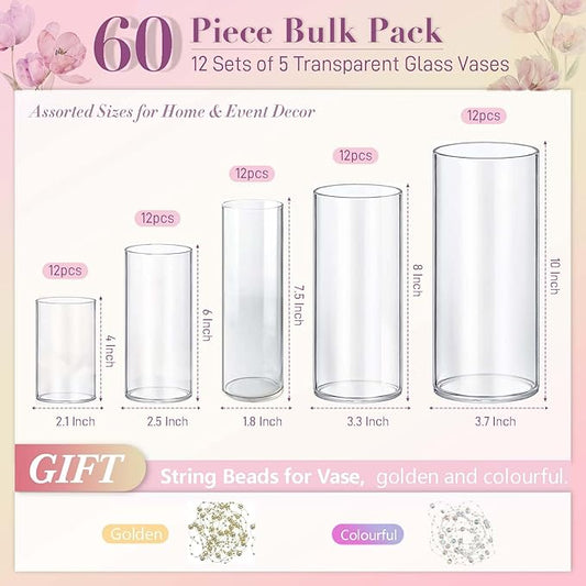 60pcs Glass Vase Cylinder Vases for Centerpieces Small Flower Glass Clear Vases Home Decor Centerpiece Table Flower Vase Decorations for Wedding Decoration＆Holiday Mixed Sizes Tall