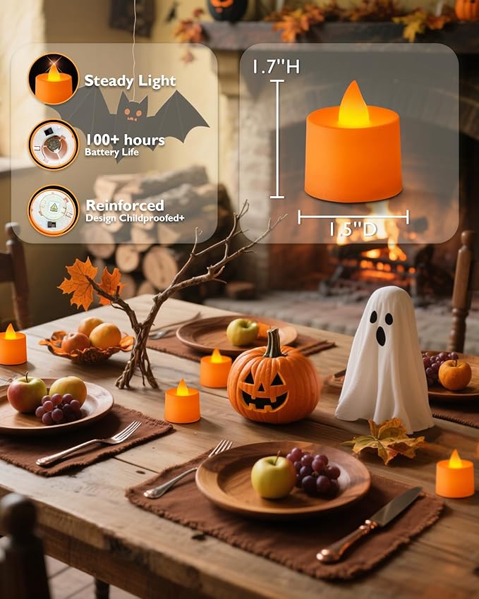 Amagic 24 Pack Halloween Orange LED Tea Lights, Flameless Votive Candles Battery Operated, Electric Fake Colored Tealights Candles for Party, Christmas, Thanksgiving, Table Centerpiece, Holiday Decor
