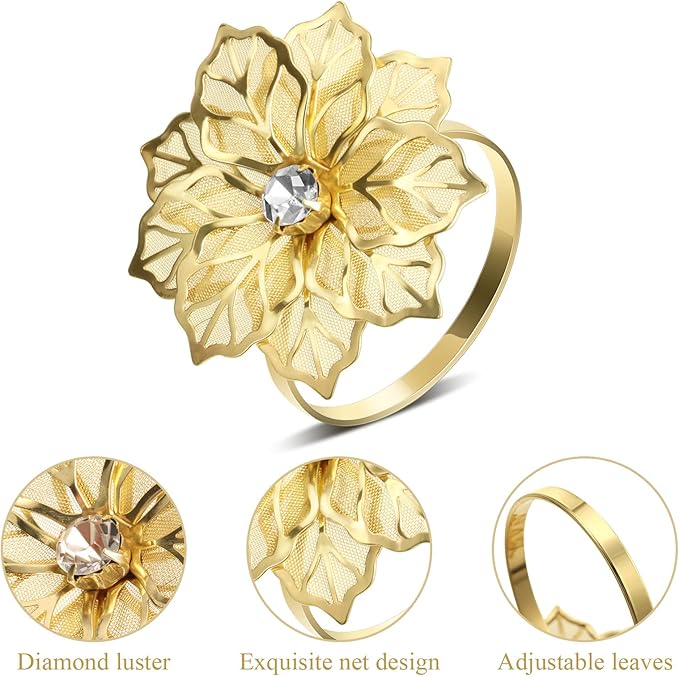 Hotop 12 Pcs Hollow Out Flower Napkin Rings Fall Napkin Ring Holder Metal Serviette Buckles Set for Dinner Thanksgiving Christmas Wedding Banquet Table Plates Decoration(Gold)