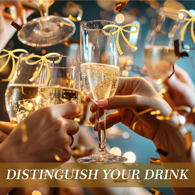 50 Pcs Bows Drink Tags Coquette Bow Wine Glass Charms Acrylic Bowknot Drink Tag for Bachelorette Birthday Wedding Coquette Tasting Party Decor Accessory(Gold)
