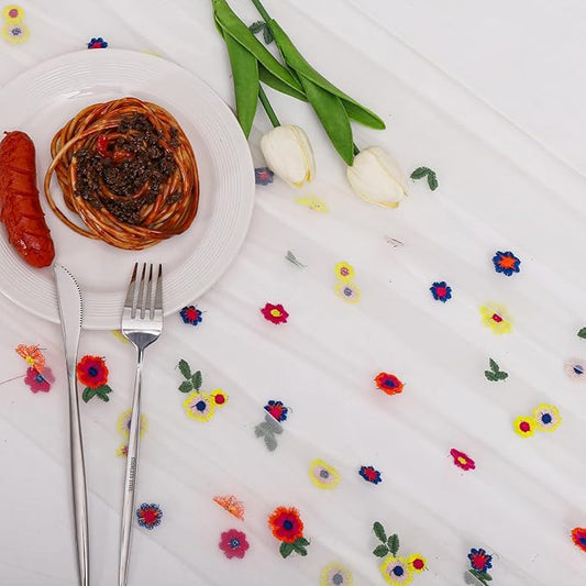 BINBE 3pcs Ivory Daisy Fall Table Runner Embroidery Gauze 10FT Florals Seasonal Tulle Holiday Birthday Kitchen Dining Table Decor for Home Party