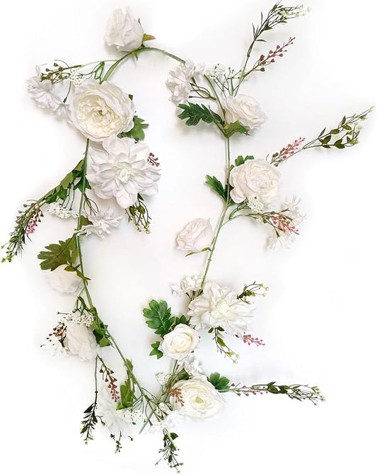 Peony Garland, Rose Flower Vine, Arch Flowers, 6' Length, Floral Garland for Decor Home Table Runner Mantle Decoration (Ivory Peony Garland)