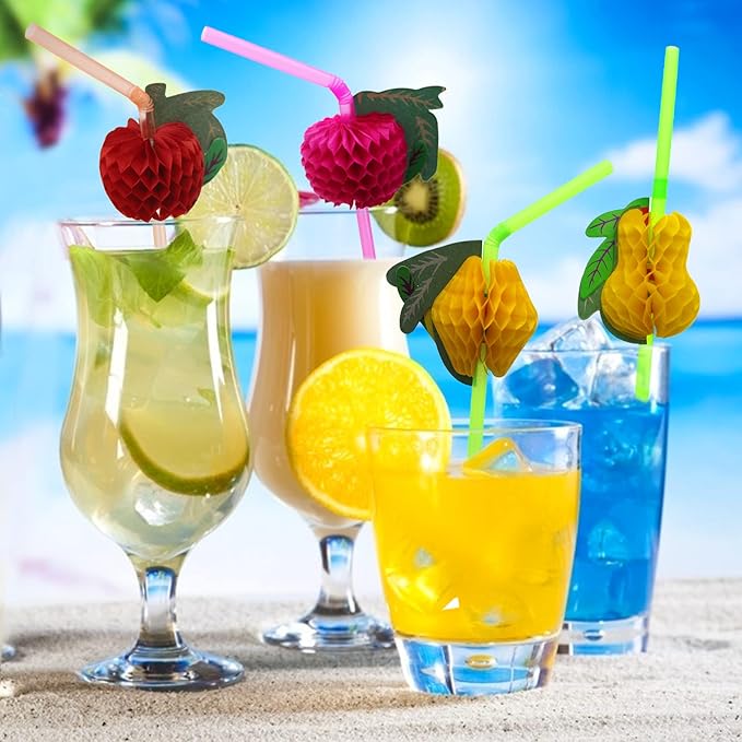BLUE TOP Tropical Fruit Straws 9.65 Inch 100 PCS Colorful Fruit design Drinking Straws for Cocktail,Milkshake,Juice, Decoration & Add Atmosphere for Party,Bar